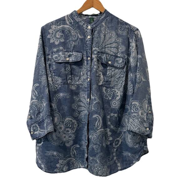 Lauren by Ralph Lauren Tops - Lauren Ralph Lauren Top Linen 3/4 Sleeve Floral Boho Cottage Coastal Blue 1X